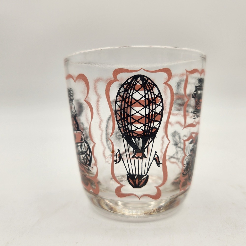 Vintage MCM Low Ball  Glass Early Transportation Scenes Pink Black Barware